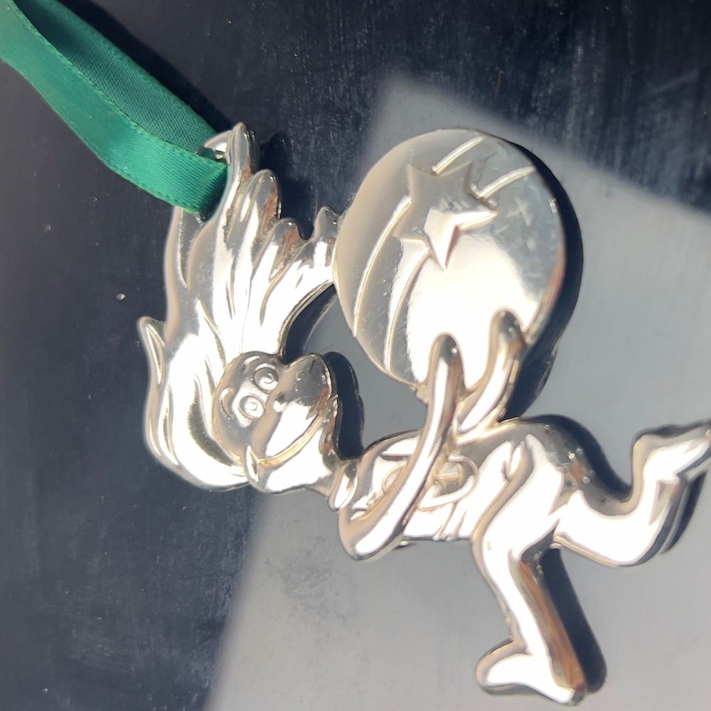 Official Dr Seuss Thing 1 Silver Tone Metal Christmas Ornament Green Ribbon